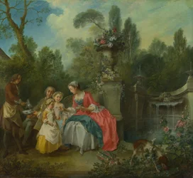 Een dame in een tuin drinkt koffie met enkele kinderen, ca. 1742