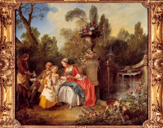 Een vrouw in een tuin drinkt koffie met kinderen of een kopje chocolade