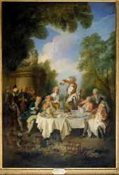 De ham scène lunch van een landelijk banket rond een ham in de adel. Schilderij door Nicolas Lancret (1690-1743) 1735. Chantilly, museum Conde