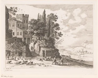 Landschap met huis, figuren en vee