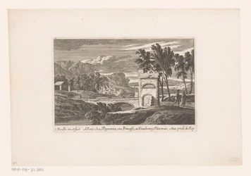 Landschap met wandelaars bij stenen brug