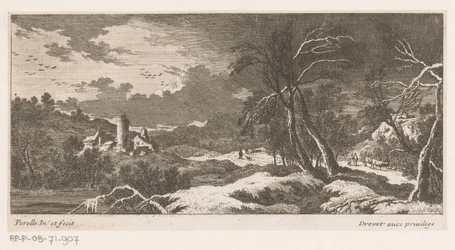 Winterlandschap met huizen en toren
