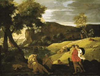 Een Arcadisch landschap met verhalen uit de legendes van Pan en Bacchus