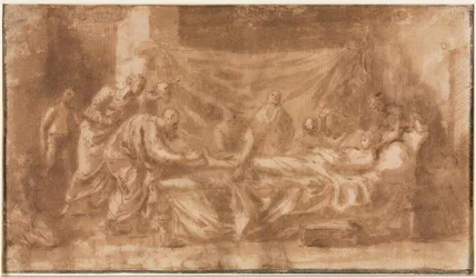 Laatste sacrament recto, drie hoofden en andere schetsen verso, 1643-1644
