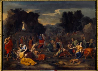 De Israëlieten verzamelen manna in de woestijn