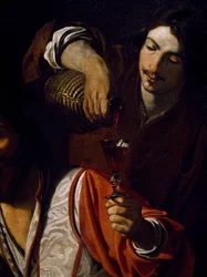Dienaar schenkt wijn in, detail van Ontmoeting van drinkers, door Nicolas Tournier