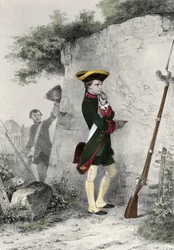 Napoleon I Bonaparte op de militaire school van Brienne in 1783. Gravure door Charlet, 19e eeuw