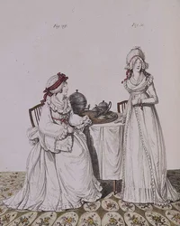 Twee dames aan het ontbijt in hun kleedkamer, met nachtmutjes en peignoirs, uit Nikolaus Heideloff