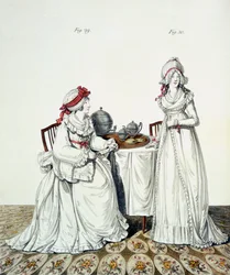 Twee dames aan het ontbijt in hun kleedkamer, met slaapmutsen en peignoirs, uit Nikolaus Heideloff