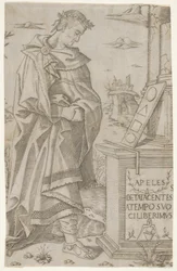 Apelles staand profiel kijkt naar een tablet met geometrische figuren