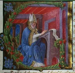 Sint Augustinus schrijft Miniatuur door Nicolo Polani uit De civitate dei