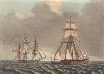 Een Engelse kaper inspecteert een Deens schip dat opsteekt
