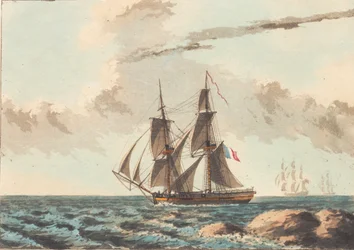 Een Franse kanonneerboot die dicht onder water kruist