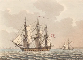 Een Deens oorlogsschip voor anker, drogend zijn schip