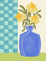 Gele bloemen in een blauwe vaas