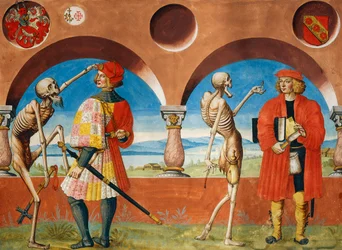 De dood, ridder en jurist uit de Dodendanscyclus van Albrecht Kauw