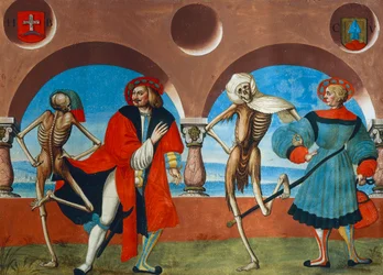 Dood, bourgeois en de koopman uit de Dans van de Dood cyclus door Albrecht Kauw