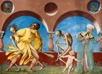 Dood, idioot en moeder met kind uit de Dans van de Dood cyclus door Albrecht Kauw