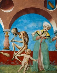 Dood trekt kind van moeder, detail van Dood, idioot en moeder met kind uit de Dans van de Dood-cyclus door Albrecht Kauw