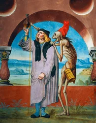 Dood met Dokter, detail van Dood, Advocaat en Dokter uit de Dans van de Dood-cyclus door Albrecht Kauw
