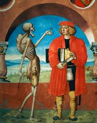 Dood met jurist (detail) van Dood, ridder en jurist uit de Dans van de Dood cyclus door Albrecht Kauw
