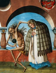 Dood met de kanunnik (detail) van Dood, abt en de kanunnik (de assistent van de abt) uit de Dans van de Dood cyclus door Albrecht Kauw