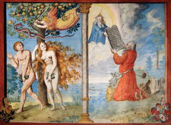 Verdrijving van Adam en Eva uit Eden en Mozes ontvangt de Tafelen, uit de Dans van de Dood cyclus door Albrecht Kauw