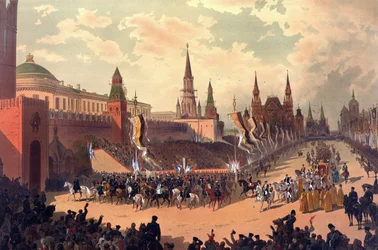Album van de kroning van tsaar Alexander III van Rusland (1845-1894) en keizerin Maria Fjodorovna (Dagmar van Denemarken) (1847-1928) - De ceremoniële intocht van Alexander III op het Rode Plein (uit het Kroningsalbum)