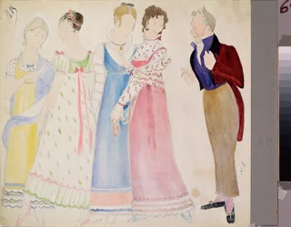 Kostuumontwerpen, een man en vier jonge vrouwen, voor de opera 