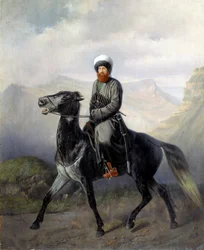 Ruiterportret van Sjamil (imam Sjamil, Shamil) (1797-1871), leider van de islamitische stammen van de noordelijke Kaukasus