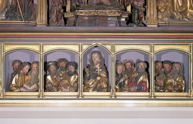 Houten houtsnijwerken van Christus en de twaalf apostelen, van de predella van het retabel van het Isenheim-altaarstuk, ca. 1490