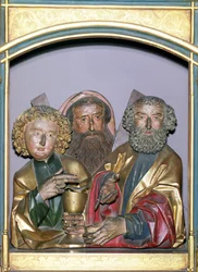Houten beeldhouwwerken van SS. Johannes, Andreas en Petrus, van de predella van het Isenheim Altaarstuk, c.1490