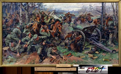 De Russische cavalerie valt de Duitse artillerie aan in 1915
