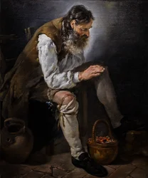 Winter. Oude man warmt zijn handen bij een vuurkorf, ca. 1747 (Olieverf op doek)