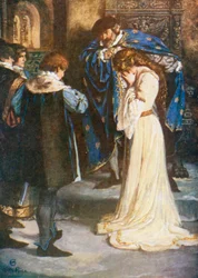 King "Waarom dan, jonge Bertram neem haar, ze is uw vrouw". Eind goed, al goed - Act II, Scène 3 (kleurenlitho)