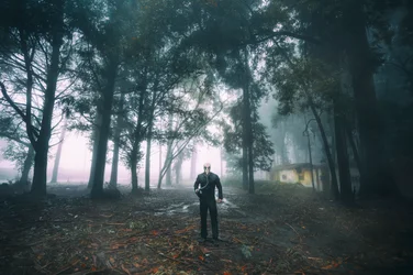 Eenzame man in het mistige bos