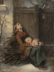 Verarmde dode moeder die haar slapende kind vasthoudt in de winter