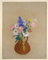 Boeket bloemen in een bruine aardewerken vaas