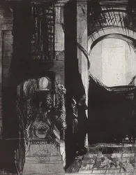 En overal zijn er basaltkolommen, het licht valt van de gewelven, blad 3 van de serie La Tentation de Saint-Antoine