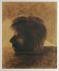 Hoofd van Orpheus drijvend op het water of De mysticus (houtskool op papier)
