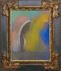 Profiel van een vrouw met roze sluier (pastel op papier)