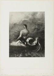 Sirene die uit de golven komt, gekleed in vlammen, plaat 4 van 8 uit "Les Origines"