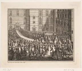 Koning Frederik V in processie naar de zalvingsplechtigheid in de slotkerk van Frederiksborg. Illustratie bij de zalvingsakte van Frederik IV