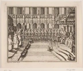 Koning Frederik V en koningin Louise tijdens de zalvingsplechtigheid in de slotkerk van Frederiksborg. Illustratie bij de zalvingsakte van Frederik IV
