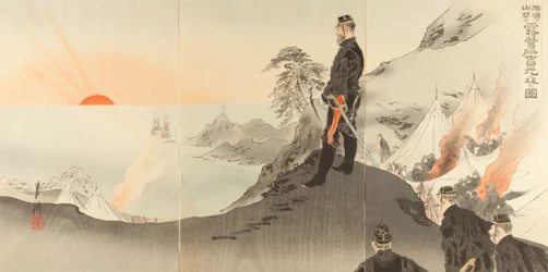 Afbeelding van officieren en soldaten die de rijzende zon vereren terwijl zij gelegerd zijn in de bergen van Port Arthur