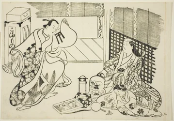 Allerlei huishoudelijke artikelen, uit de serie "Beroemde scènes uit Japanse poppenspel"