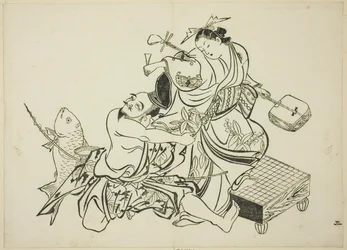 Ebisu flirt met een courtisane, nr. 3 uit een serie van 12 prenten