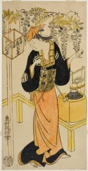 De Acteur Sanogawa Mangiku I als Ohatsu in het stuk "Sogazaki Shinju," opgevoerd in het Nakamura Theater in de vierde maand, 1719
