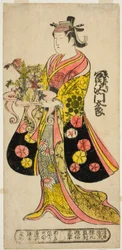 De acteur Tomizawa Montaro I als Miyako no Mae in het stuk "Izu Genji Horai Yakata," uitgevoerd in het Ichimura Theater in de elfde maand, 1736