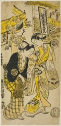 De acteurs Segawa Kikunojo I als Osome en Sodesaki Kikutaro als Hisamatsu in het stuk "Osome Hisamatsu Shinju," uitgevoerd in het Nakamura Theater in de zesde maand, 1731